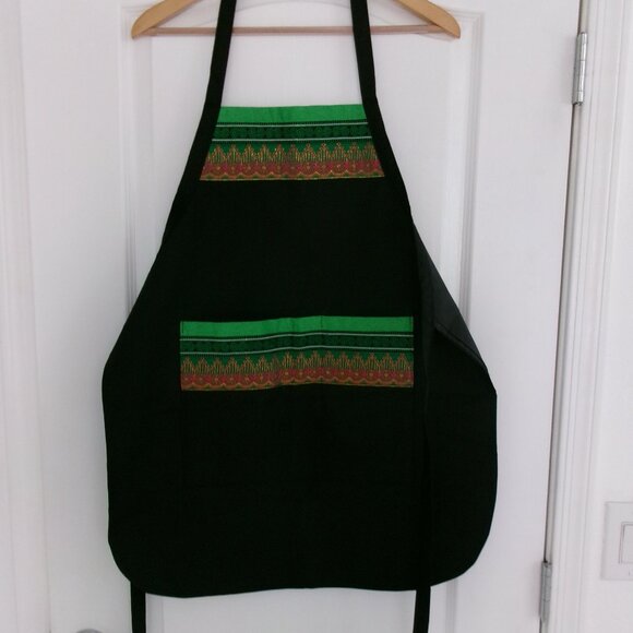 New Black Batik Green Gold Metallic Fuchsia Pink Over the Head Apron Pockets - Picture 1 of 12